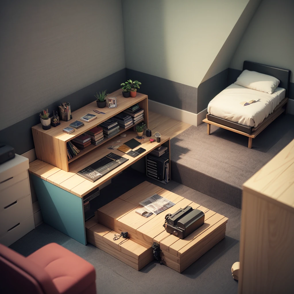 Isometric style, Exactly 120 degrees, Polyart, Stylized 3D rendering, synthpop,Small room, 3D stylized scene,