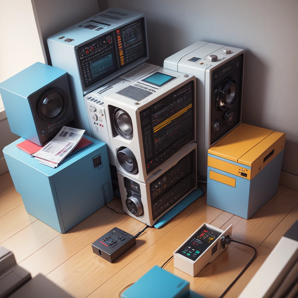 Isometric style, Exactly 120 degrees, Polyart, Stylized 3D rendering, synthpop,Small room, 3D stylized scene,