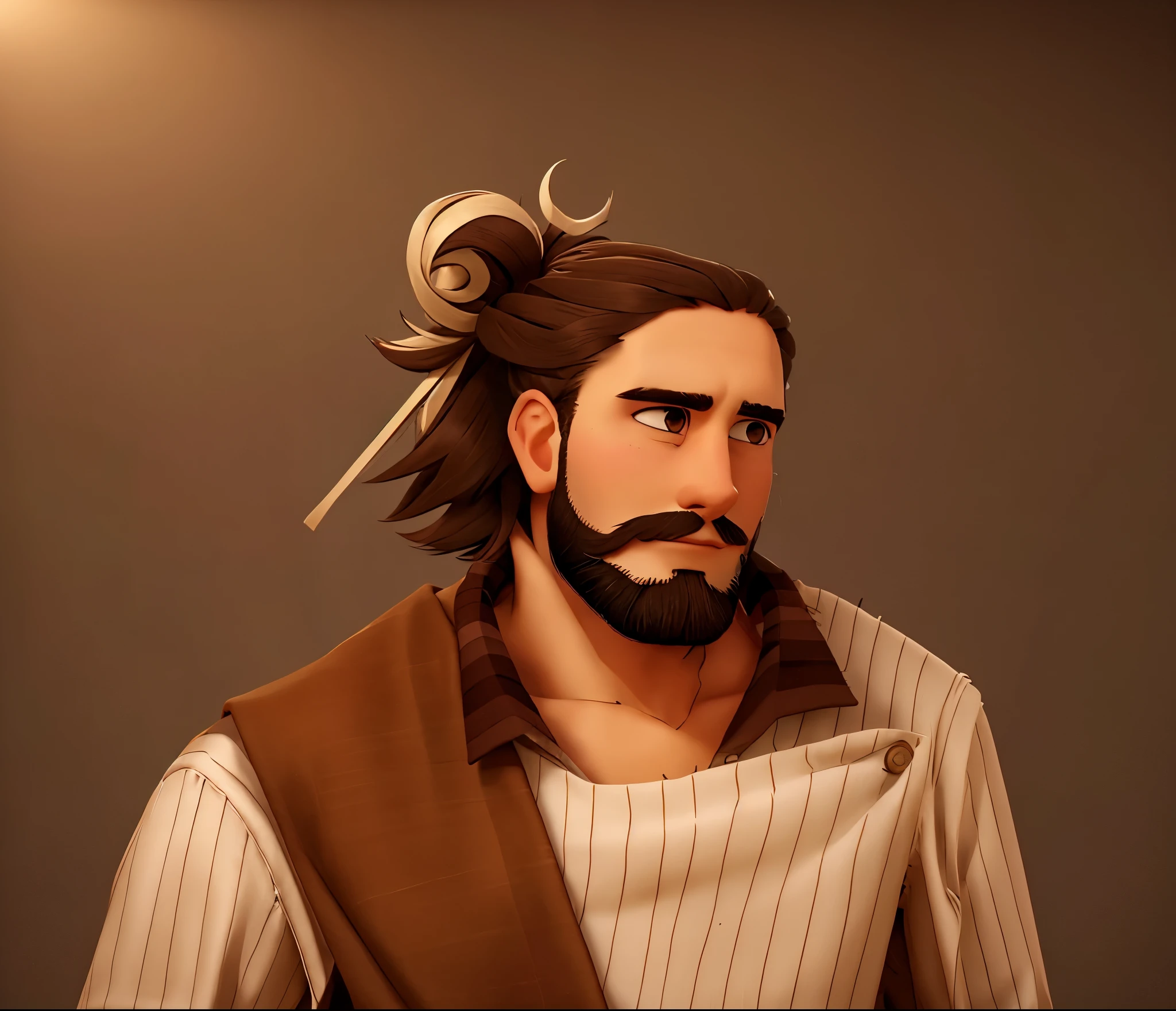 man, long dark haired man, (man hair bun), hairpin, thin eyebrows, thin beard, brown, wearing brown striped shirt, bronze shawl on his shoulder