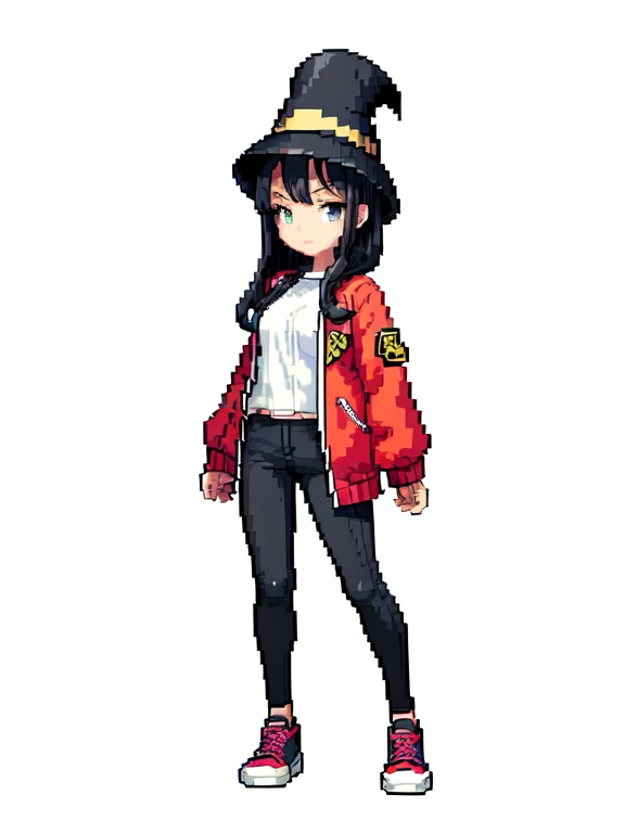 (masterpiece, top quality, best quality), pixel,pixel art,1girl,hat,versity jacket,under pants,black hair,full body,