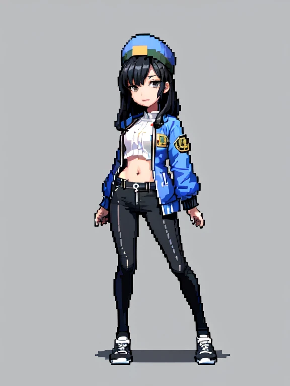 (masterpiece, top quality, best quality), pixel,pixel art,1girl,hat,versity jacket,under pants,black hair,full body, 
 