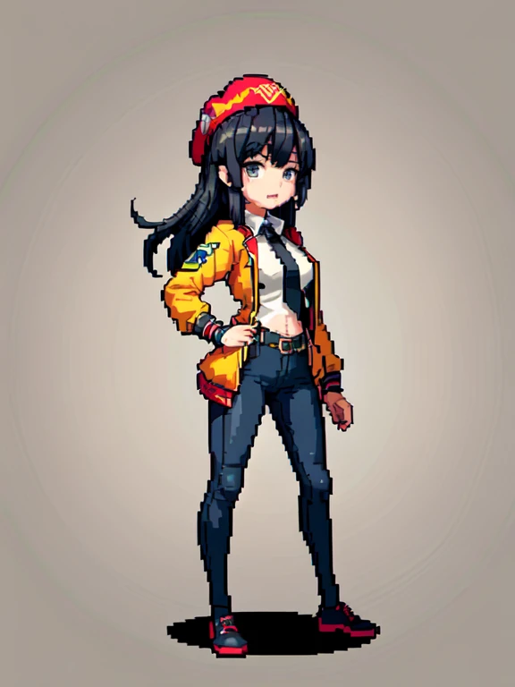 (masterpiece, top quality, best quality), pixel,pixel art,1girl,hat,versity jacket,under pants,black hair,full body,