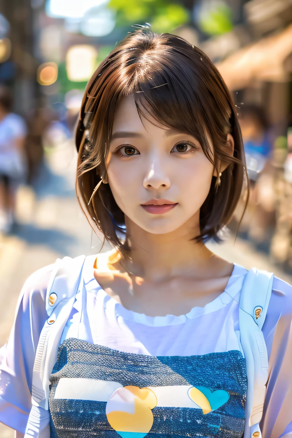 highest quality, Photorealistic, Very detailed, finely, High resolution, 8K Wallpaper, Professional, High level of detail, ((One 18 year old girl:1.2)), Slender Japanese women,cute lips, (Long eyelashes:1.2)、Detailed clavicle, Mid-chest、Perfect Face, (Cute short bob hair:1.5), Chestnut Hair、Cute face、(T-shirt on bare skin:1.5)、(Shorts:1.5)、(White sneakers:1.5)、(Sexy poses in the shopping district:1.2)、Perfect Professional Potion、((Complete head-to-toe coverage:1.5)、