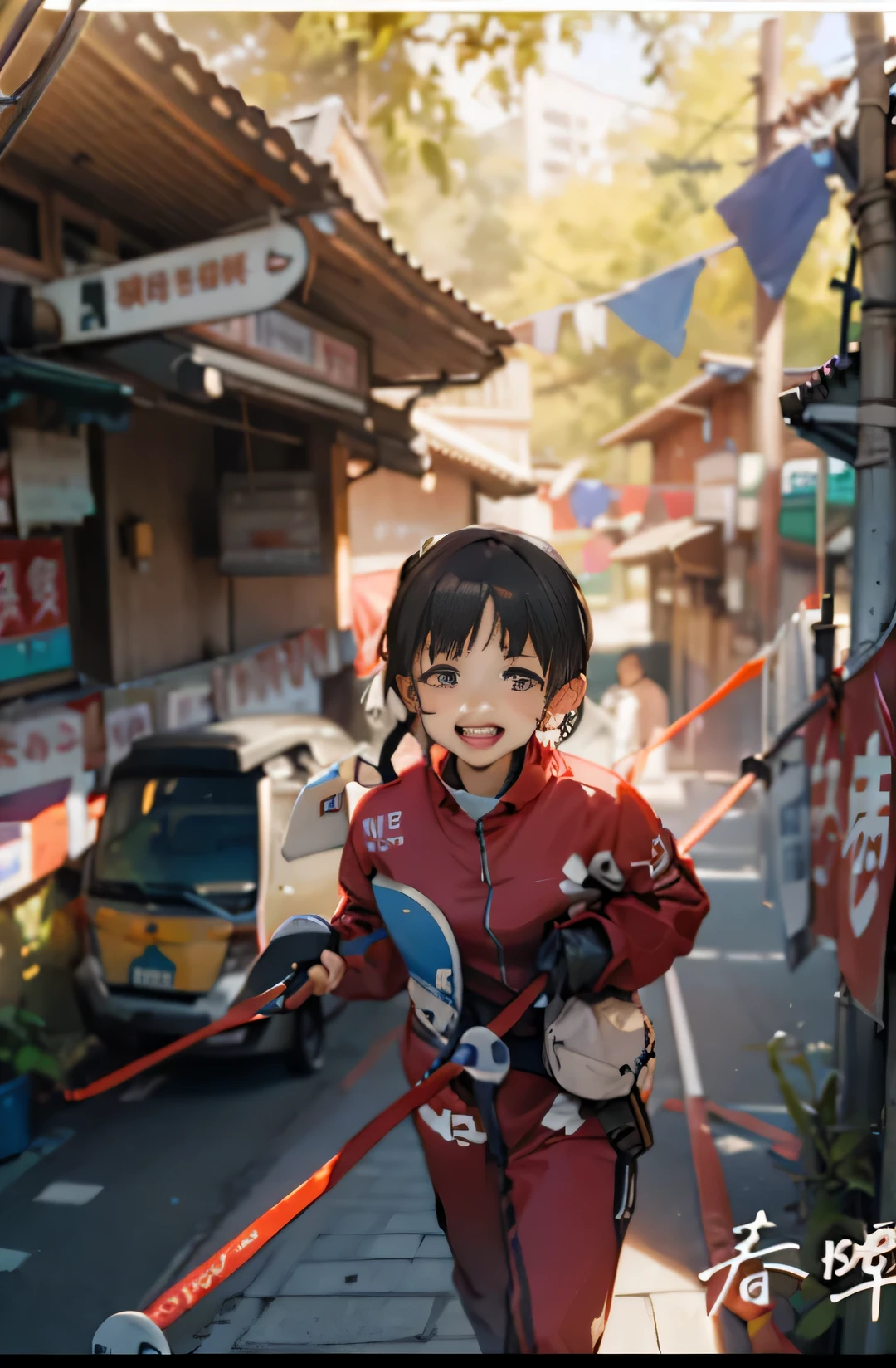 there is a young girl holding a skateboard on a rope, 8k 50mm iso 10, ruan cute vtuber, wearing track and field suit, ruan jia beautiful!, katelynn mini cute style, 2 years old, taken with canon eos 5 d mark iv, li zixin, ???, young cute wan asian face