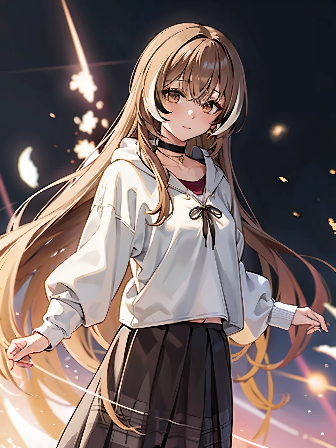 bbmumei, long hair, multicolored hair, jewelry, earrings, shirt, hoodie, long sleeves, plaid, black choker, black skirt, long skirt, top rated on pixiv, at pixiv, beautiful alluring anime teen, attractive anime girl, pixiv 3dcg, popular on pixiv, beautiful anime girl, beautiful anime woman, low angle, viewer below