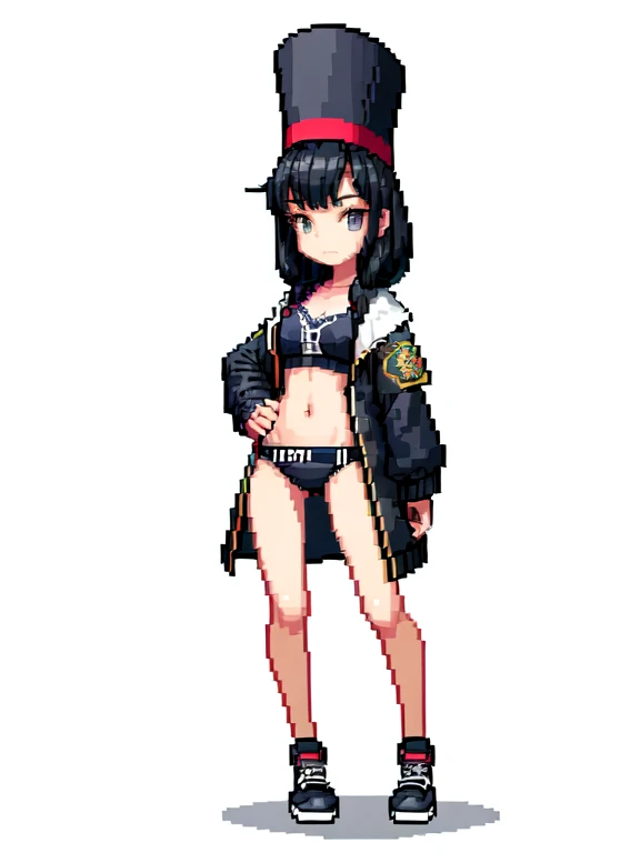 (masterpiece, top quality, best quality), pixel,pixel art,1girl,hat,versity jacket,underwear,black hair,full body, 
 