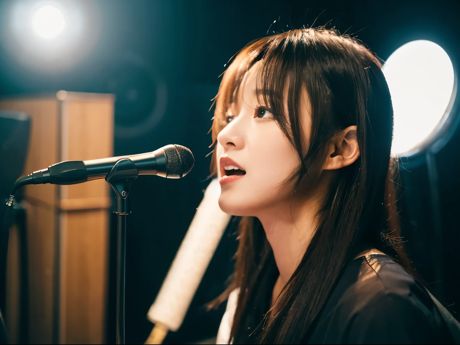 Japanese woman practicing singing、Waist up shot、In the Studio