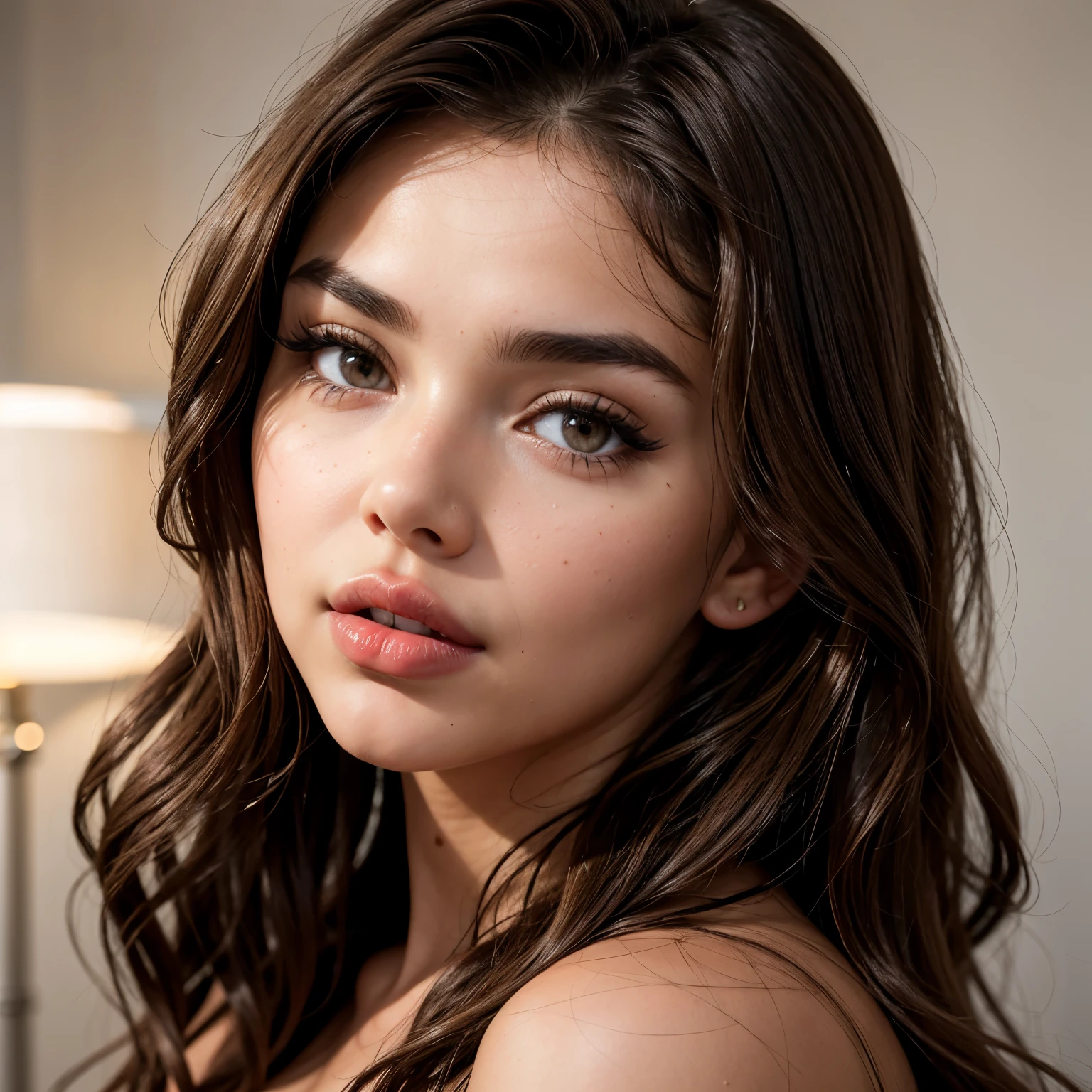 Beautiful portrait of an 18 year old brown haired Latina girl, beautiful light brown eyes, large and striking, delicate black eyebrows, rosy cheeks, red lips, white skin, long wavy brown hair that cascades around her face and shoulders , detailed eyelashes, photorealistic style, perfectly focused. smooth, creamy complexion, beautifully illuminated by soft diffused studio lights, extremely fine details, finely textured skin and hair, full head-to-toe photo