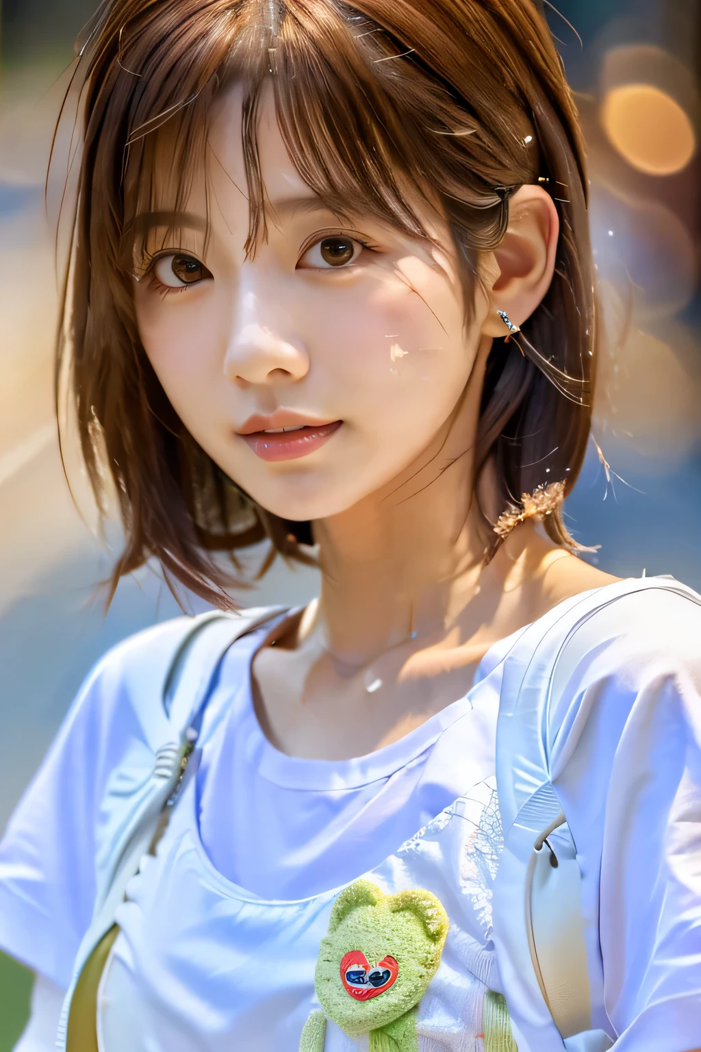 highest quality, Photorealistic, Very detailed, finely, High resolution, 8K Wallpaper, Professional, High level of detail, ((One 18 year old girl:1.2)), Slender Japanese women,cute lips, (Long eyelashes:1.2)、Detailed clavicle, Mid-chest、Perfect Face, (Cute short bob hair:1.5), Chestnut Hair、Cute face、(T-shirt on bare skin:1.5)、(Shorts:1.5)、(White sneakers:1.5)、(Sexy poses in the shopping district:1.2)、Perfect Professional Potion、((Complete head-to-toe coverage:1.5)、