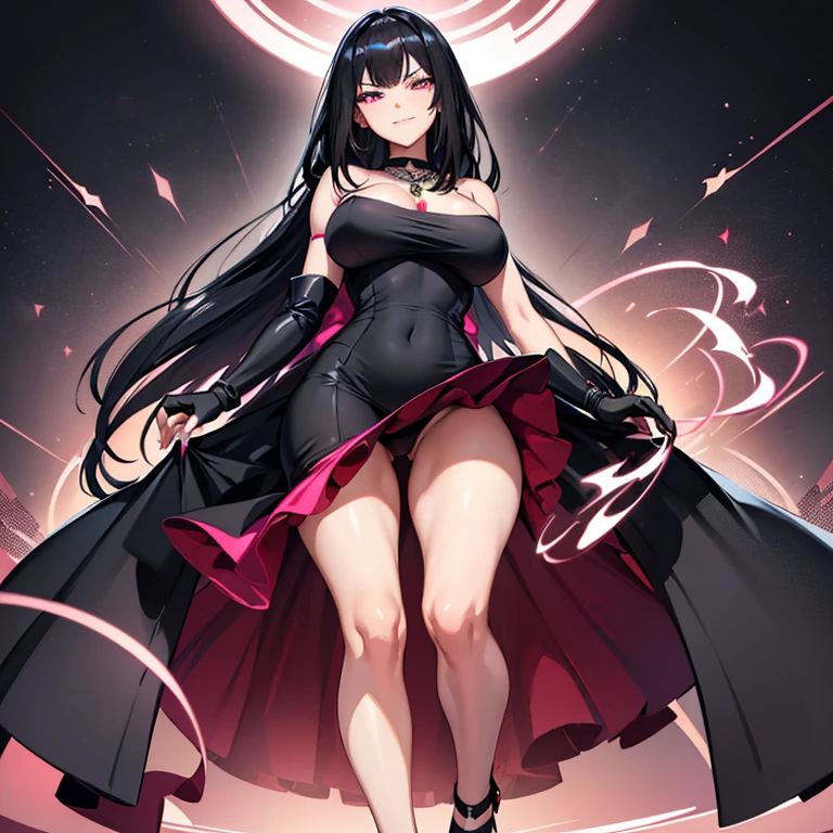 Very high quality, ultra high anatomy, 4K, masterpiece, a girl is pointing her palm at the viewer, black hair, long hair, straight hair, asymmetrical bangs, pink eyes, smirk, medium breasts, wide hips, medium thighs, elegant black dress, black elbow gloves, necklace with a ruby in its center, black open-toe heels