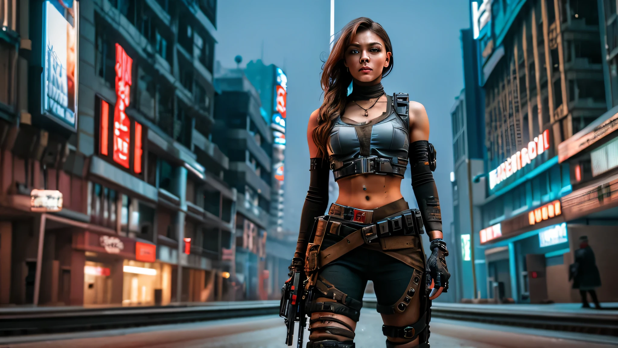 ((best quality)), ((masterpiece)), (detailed), beautiful female cyborg in post-apocalyptic world, standing tall from head to toe in the futuristic cyberpunk city street