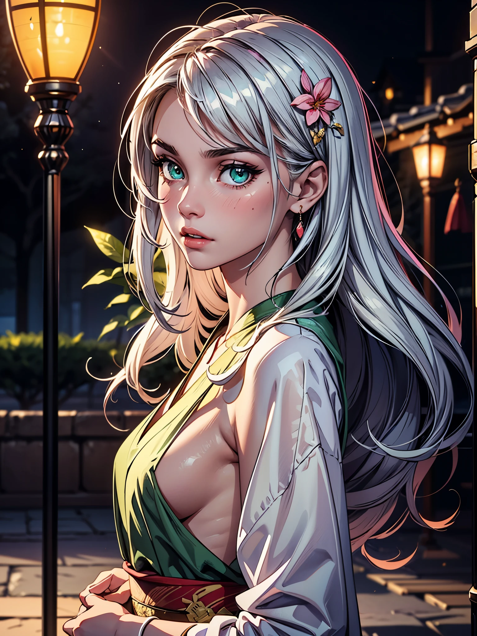 There is a girl in a green dress, plum blossoms, palaces, oriental architecture ray tracing, {best quality}, {{masterpiece}}, extremely detailed 8K wallpaper, {an extremely delicate and beautiful}, colorful, intricately detailed, Realistic, real, camera quality, (detailed depiction of clothes), cool white skin, (detailed depiction of blush), 1080p, sun, soft cuteness, smooth light silver hair, messy beauty, lighting, broken feeling, bright and silky skin , 3D stereoscopic, masterpiece, best quality, super fine illustration, beautiful eyes, very fine light, fine glow, very fine 8K CG wallpaper, peach eyes, red pupils, an extremely delicate and beautiful girl, 8k Wallpaper, best quality, full body close-up, white long dress, luxurious silky bright red chiffon floodlight (magic, glitter, ultra-thin, soft,) Hanfu