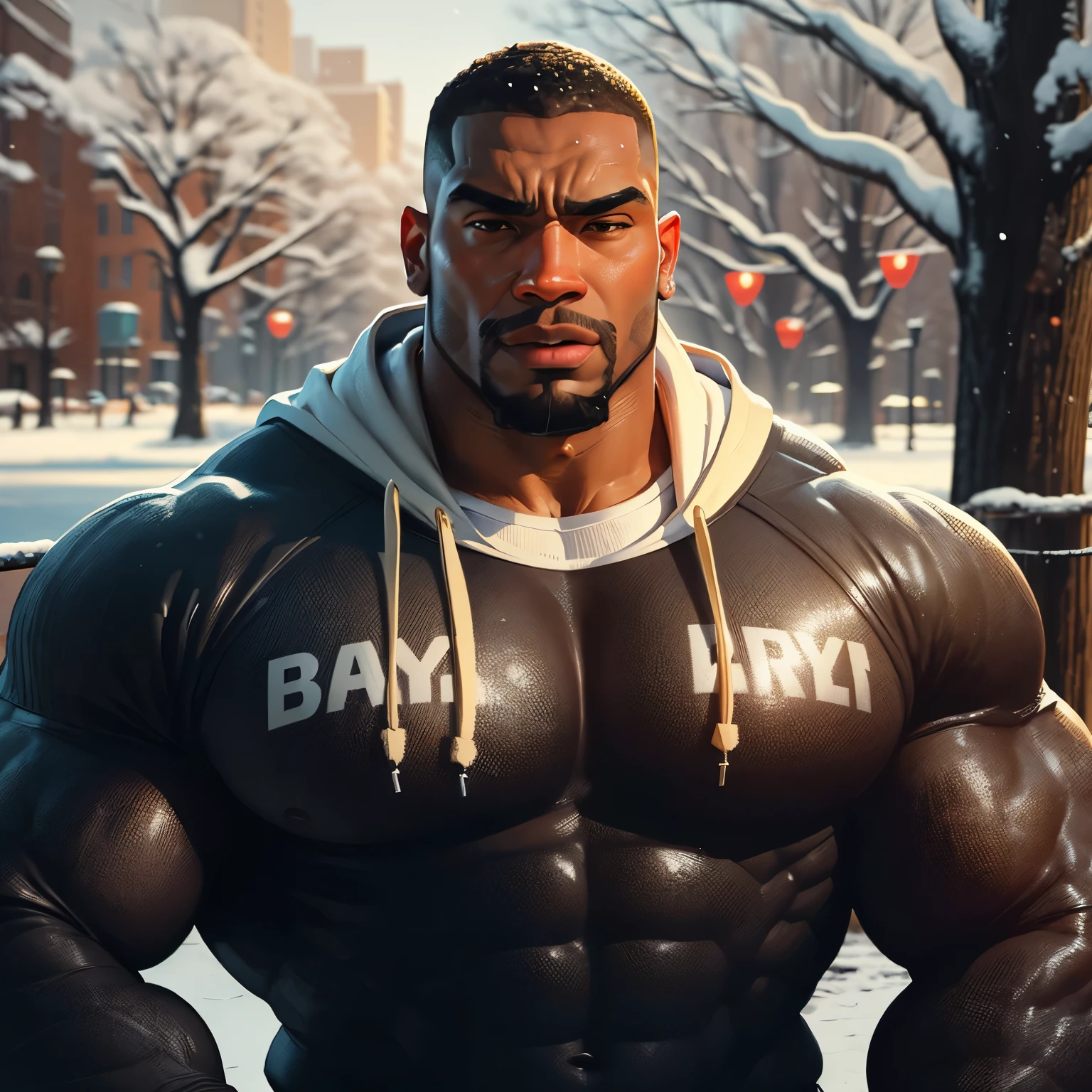 an exaggeratedly muscular and large bodyguard, beefy build, beard, dark-skinned african american male, buzzcut hair with square line, (surprised expression: 1.2), (wearing sweatshirt: 1.2), (bara pecs: 1.3), (arm and chest hair: 1.1), close-up portrait HD, (snowy park)