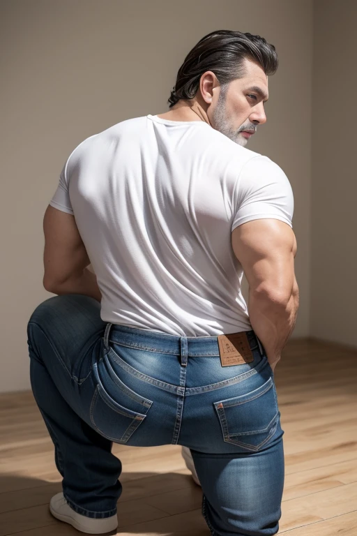 Sergio K, 60 years, jefe hombre blanco, very handsome and incredibly repulsive attractive, corpulento y corpulento, Benevolente, camisa de vestir ligeramente desabrochada dejando al descubierto su pecho peludo, distinguido caballero de mediana edad, pantalones, Big muscular body  jeans same model  crouched backside 