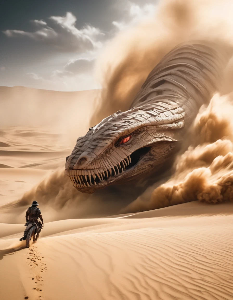 Future warrior riding a giant sandworm through a violent sandstorm. Dune movie aesthetics, Dune movie style. Apocalyptic wasteland scenery with a highly detailed and realistic CG rendering. Ultra-detailed depiction of the warrior, with emphasis on their armor, weapons, and facial expression. The sandstorm should be depicted with an extreme level of detail, capturing the chaotic movement of sand particles and the intense winds. The color palette should be dark and desaturated, with occasional pops of vibrant colors to create a striking contrast. The lighting should be dramatic, casting long shadows and emphasizing the harshness of the environment. The overall image quality should be top-notch, with a resolution of 4k or higher. The scene should evoke a sense of awe and grandeur, immersing the viewer in a post-apocalyptic world.