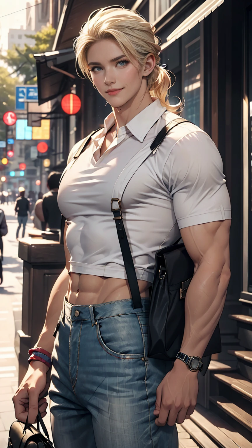 25-year-old Caucasian female、Platinum Blonde、blue eyes、semi-long、My hair is wavy、Hair tied up、I can see my belly button、My abs are ripped、smile、Slender but well-proportioned, slim and muscular body、I want my head to stay off screen、Wearing a black blouse、Wearing white suspenders、I&#39;m wearing low rise jeans、I&#39;m wearing sports shoes、smile、I have a handbag、I&#39;m wearing a wristband