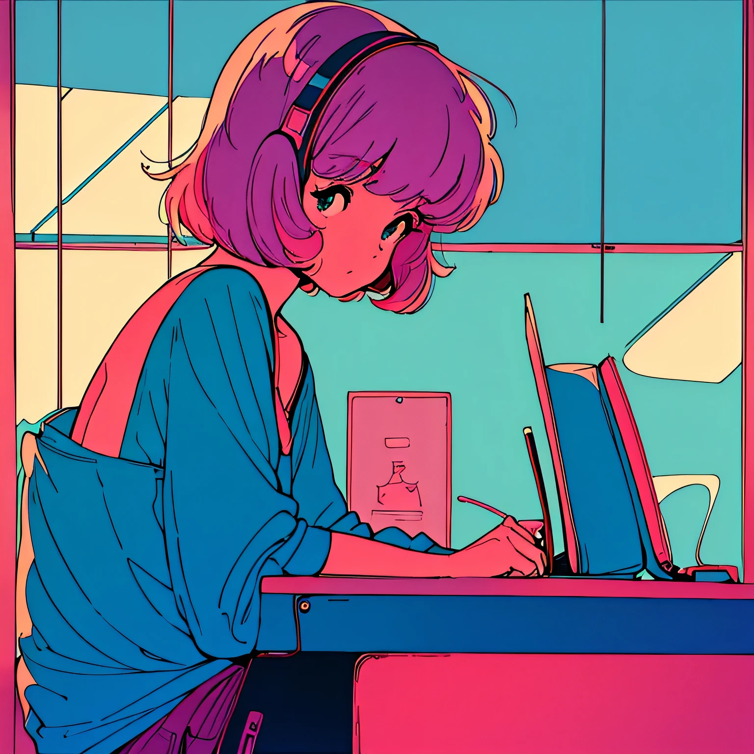 city pop style art, shoulder length pink Hair, fluffy bob cut, wearing headphones, Futuristic yet lofi, retro, master piece, (( side shot)), sitting at the desk and concentrating on studying, Laptop and coffee on the desk, (( midnight )), There are many stars outside the window) (( looking down ))