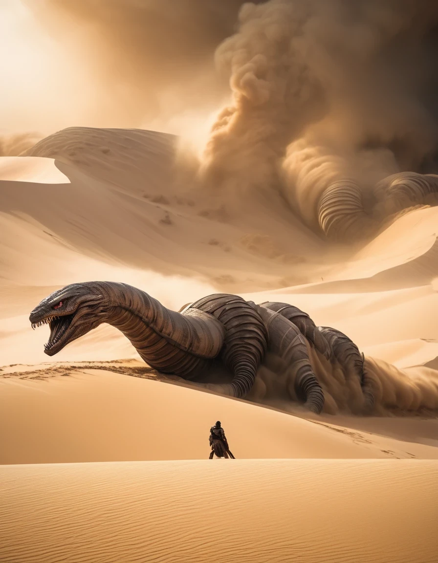 Future warrior riding a giant sandworm through a violent sandstorm. Dune movie aesthetics, Dune movie style. Apocalyptic wasteland scenery with a highly detailed and realistic CG rendering. Ultra-detailed depiction of the warrior, with emphasis on their armor, weapons, and facial expression. The sandstorm should be depicted with an extreme level of detail, capturing the chaotic movement of sand particles and the intense winds. The color palette should be dark and desaturated, with occasional pops of vibrant colors to create a striking contrast. The lighting should be dramatic, casting long shadows and emphasizing the harshness of the environment. The overall image quality should be top-notch, with a resolution of 4k or higher. The scene should evoke a sense of awe and grandeur, immersing the viewer in a post-apocalyptic world.