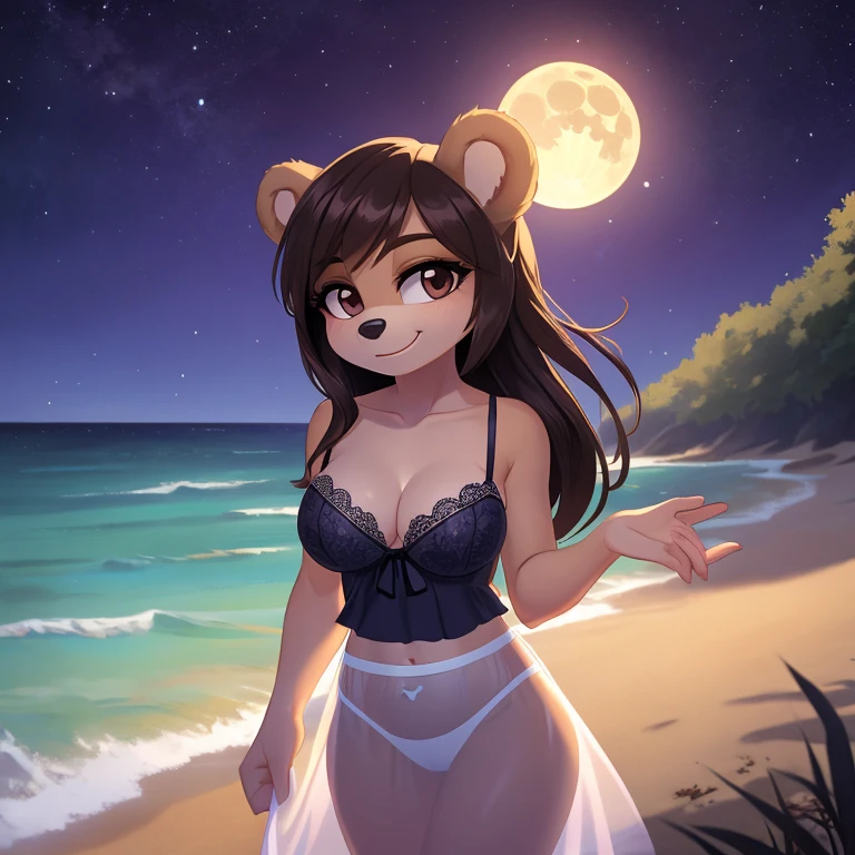 mobian bear, brown hair, brown eyes, black hair, black fur, straight hair, long hair, female, medium breasts, ocean, female, 1girl, portrait, standing, nightgown, strapless bra, cleavage, white long skirt, transparent skirt, dominant female, smile, shore, frilled underwear, night, moon, stars, ghost, transparent body, psychedelic background, Masterpiece, high quality, studio quality, intricate details, 4k, solo