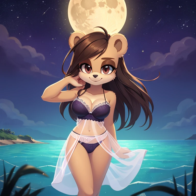 mobian bear, brown hair, brown eyes, black hair, black fur, straight hair, long hair, female, medium breasts, ocean, female, 1girl, portrait, standing, nightgown, strapless bra, cleavage, white long skirt, transparent skirt, dominant female, smile, shore, frilled underwear, night, moon, stars, ghost, transparent body, psychedelic background, Masterpiece, high quality, studio quality, intricate details, 4k, solo