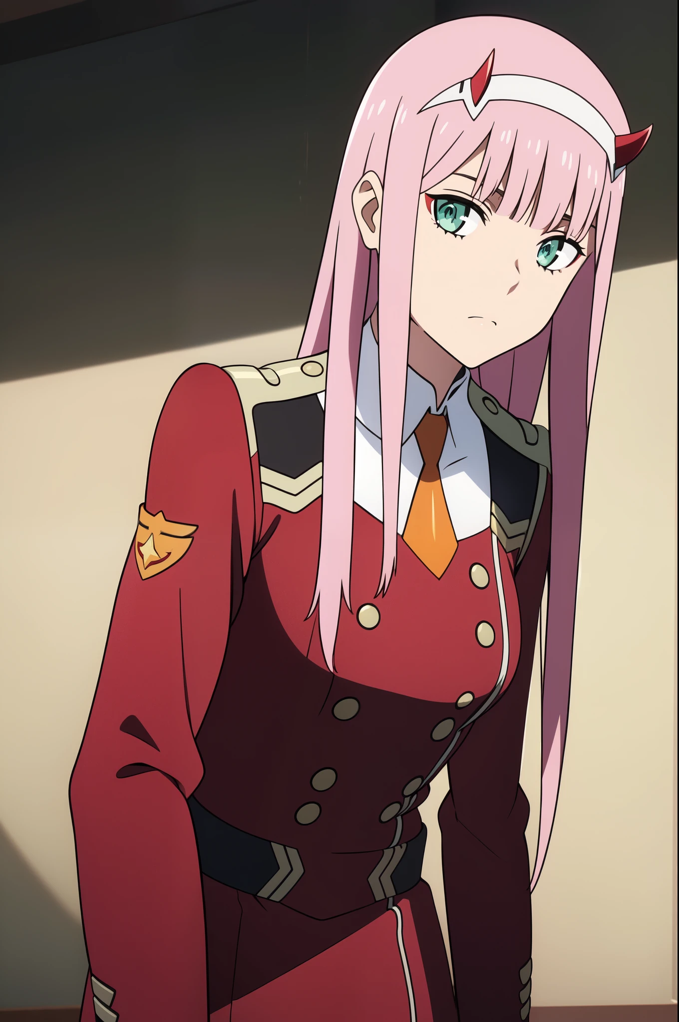 Zero_Two, green eyes, pink hair, horns, straight hair, medium breasts, shiny hair, makeup, eyeshadow, very long hair, blunt bangs, white hairband, military uniform, short necktie, double-breasted, buttons, long sleeves, red jacket, orange necktie,