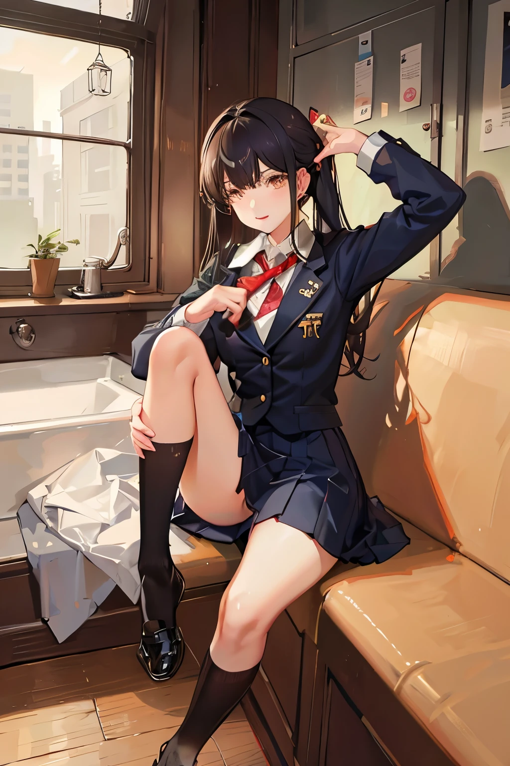 A baby-faced woman in a uniform、skirt、Thighs