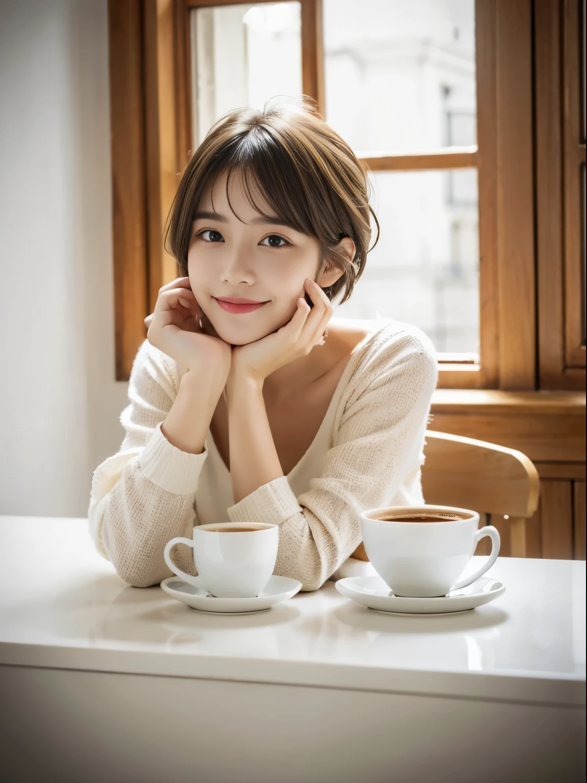 Coffee Girl, Realistic, High Quality, café, Soft light, Natural and authentic, coffee, Short Hair Hair, Golden Hair, (happy expression), realistic