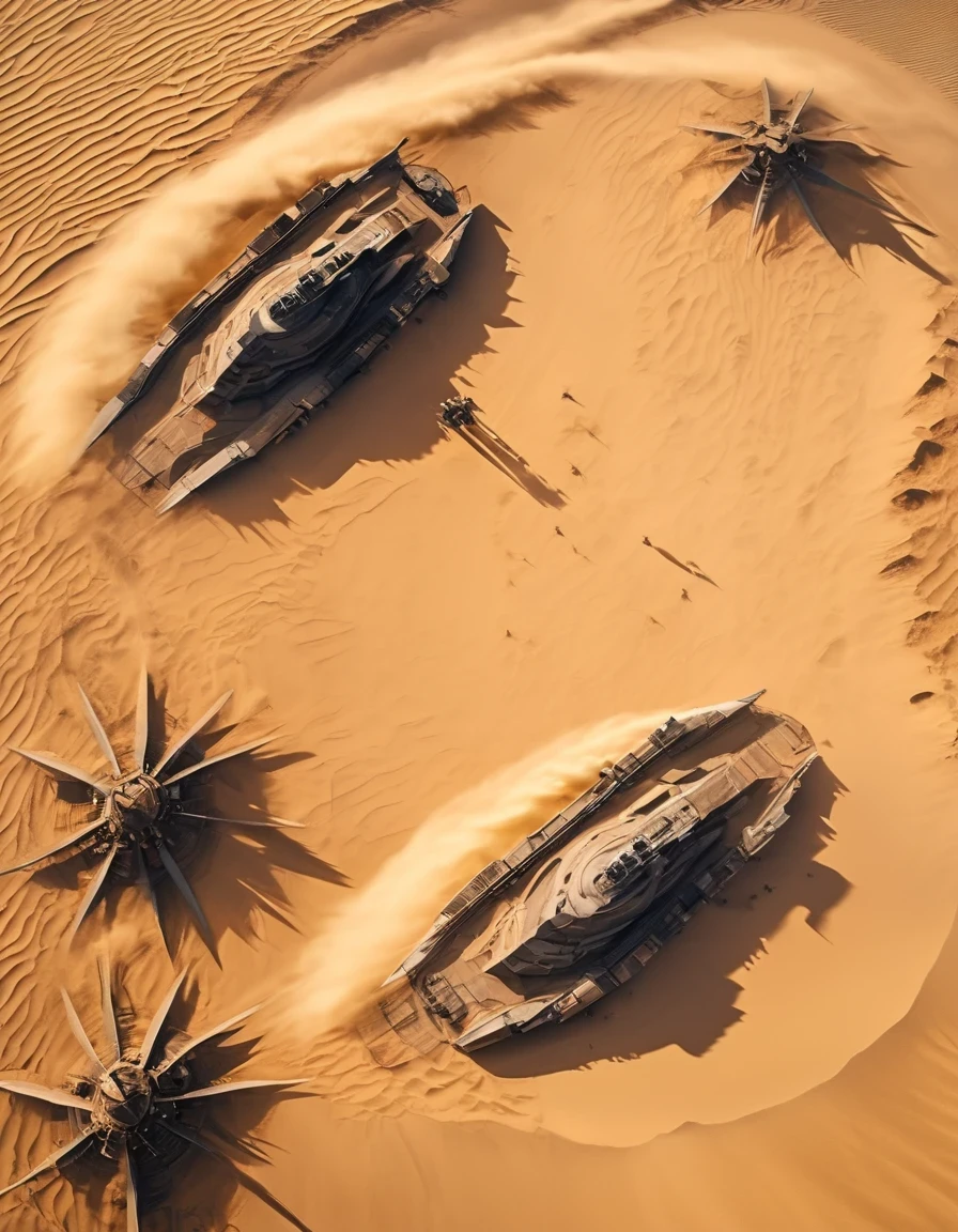 Aerial Photography，Dune movie aesthetics, Dune movie style, Aerial view, two armies fighting,epic scene, epic composition, describing the grand scene of the battl