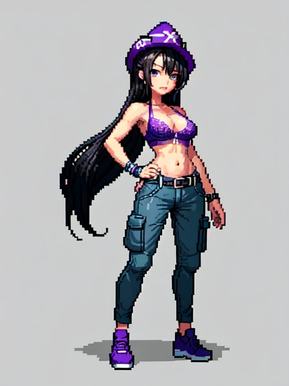 (masterpiece, top quality, best quality), pixel,pixel art,1girl,hat,purple bra,cargo pants,black hair,punch power,full body,