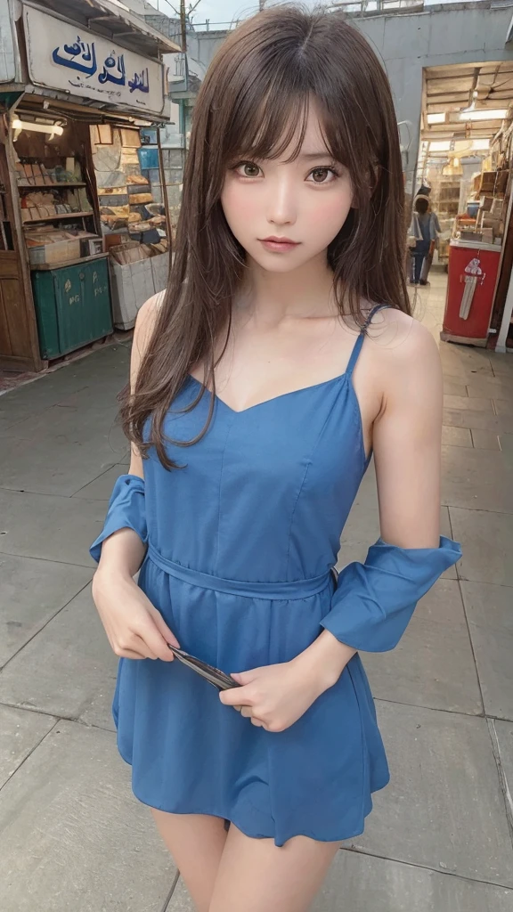 (8k, RAW Photo, Best Quality, Masterpiece: 1.3), breakone girl, (a beauty girl, delicate girl:1.3), (21 years old:1.5), break, (Blue going out dress:1.3), break, Extremely fine grain definition, (Symmetrical eyes:1.3), break, Small breasts, Brown eyes, Parted bangs, brown hair, girl, break, (Eye and facial details:1.3),break,smile, (2-jo Market:1.3),carry case