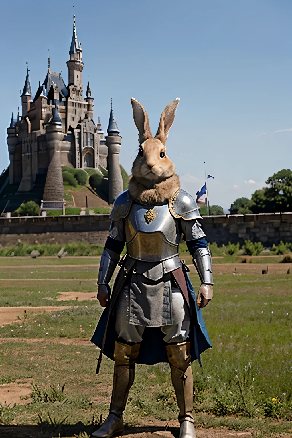 a rabbit wearing a medieval armor in a battlefield, there is a castle in the background