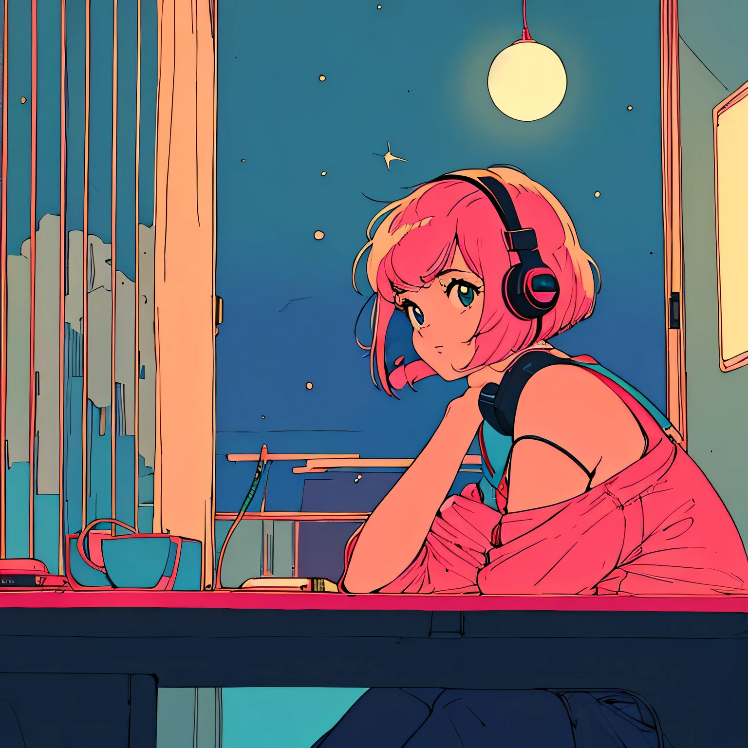 city pop style art, shoulder length pink Hair, fluffy bob cut, wearing headphones, Futuristic yet lofi, retro, master piece, (( side shot)), sitting at the desk and concentrating on studying, Laptop and coffee on the desk, (( midnight )), There are many stars outside the window) (( looking down ))