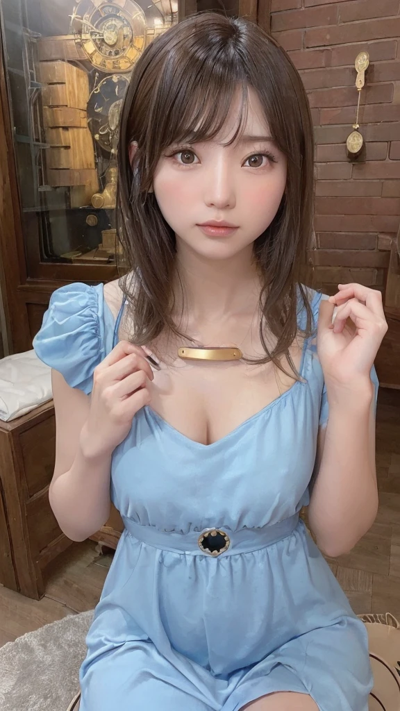 (8k, RAW Photo, Best Quality, Masterpiece: 1.3), breakone girl, (a beauty girl, delicate girl:1.3), (21 years old:1.5), break, (Blue going out dress:1.3), break, Extremely fine grain definition, (Symmetrical eyes:1.3), break, Small breasts, Brown eyes, Parted bangs, brown hair, girl, break, (Eye and facial details:1.3),break,smile, (Sapporo Clock Tower:1.3),carry case