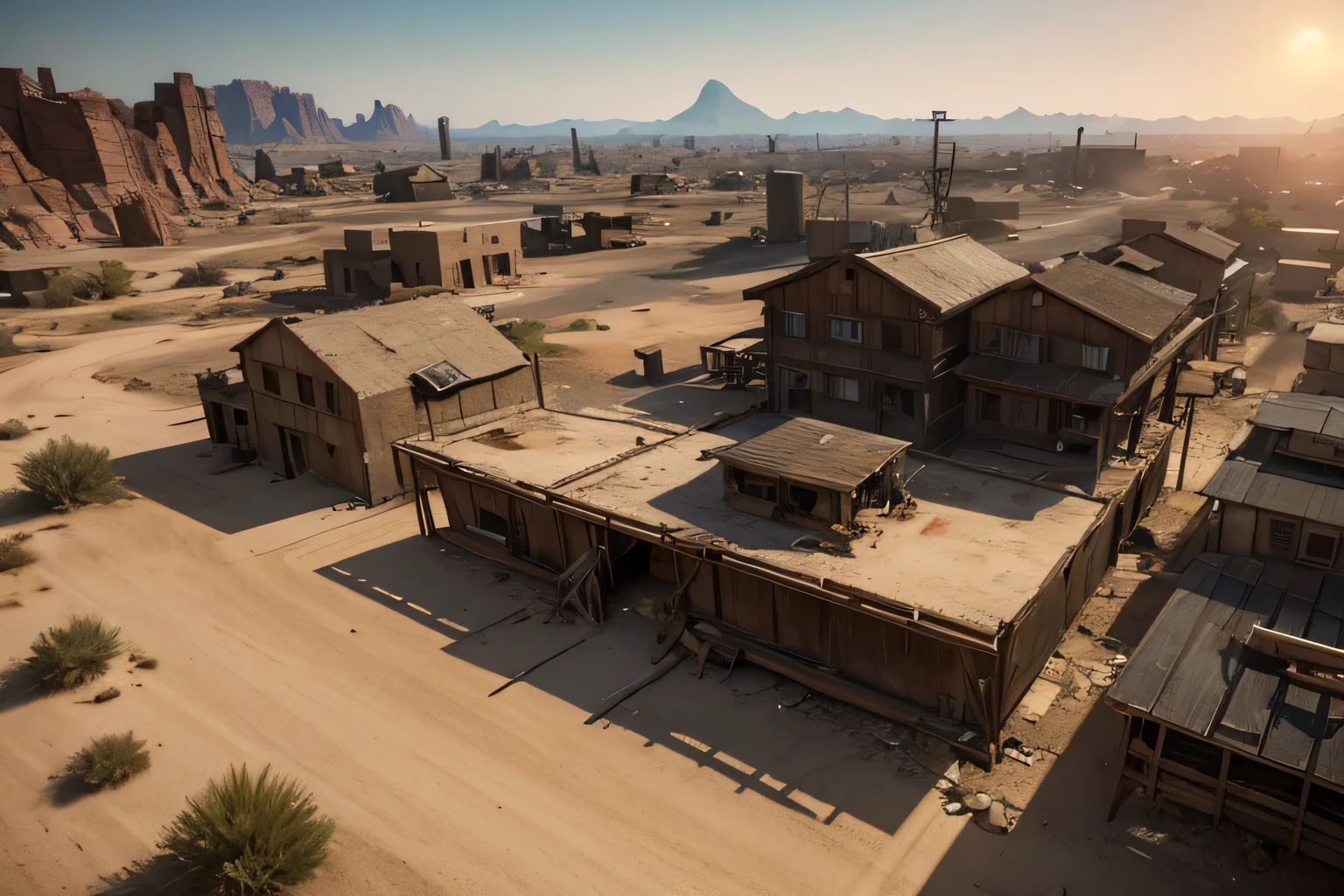 Post-apocalyptic wilderness,Desert town,There are many abandoned buildings in it, Dusty environment, Dusty Unreal Engine, Octane Highly Detailed Movie, mining outpost, Rendering in cryengine, fallout environment, Realistic Unreal Engine 3D game, foggy ghost town, Military outpost, videogame screenshot>, Capturing 3D renderings in games, Steam Workshop Map, wilderness