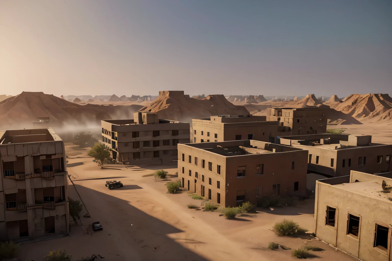 Post-apocalyptic wilderness，Desert town，There are many abandoned buildings in it, Dusty environment, Dusty Unreal Engine, Octane Highly Detailed Movie, mining outpost, Rendering in cryengine, fallout environment, Realistic Unreal Engine 3D game, foggy ghost town, Military outpost, videogame screenshot>, Capturing 3D renderings in games, Steam Workshop Map, wilderness