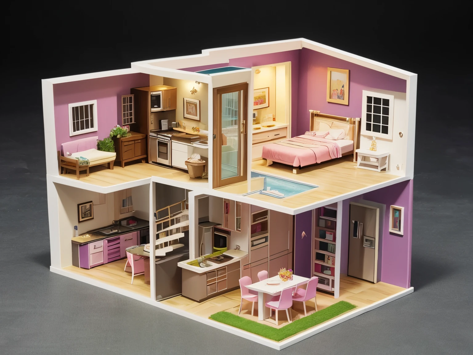 50 cm high DIY doll house，American style villa small fresh style，The walls are completely transparent，It has three floors and seven different rooms.，Each room has a different shape，Own a loft、Master bedroom、bathroom、Room、Kitchen and living room，Complete built-in furniture，Fairy tale children style
