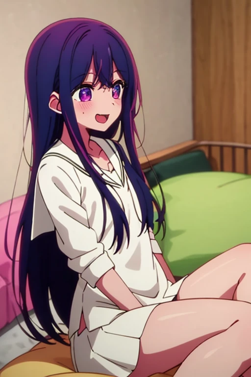 ((highest quality)), ((masterpiece)), (be familiar with), Perfect Face, indoor, Bedroom, Watching the audience,
One woman, Hoshino Ai,
Open Mouth, Ecstatic expression, blush, smile,
Small breasts, Flat Chest, Young Girl, , , Girl,
Long Hair, Purple Hair, Purple Eyes, Long Hair,
, Sailor suit, White shirt, Black Skirt, Leg spread,