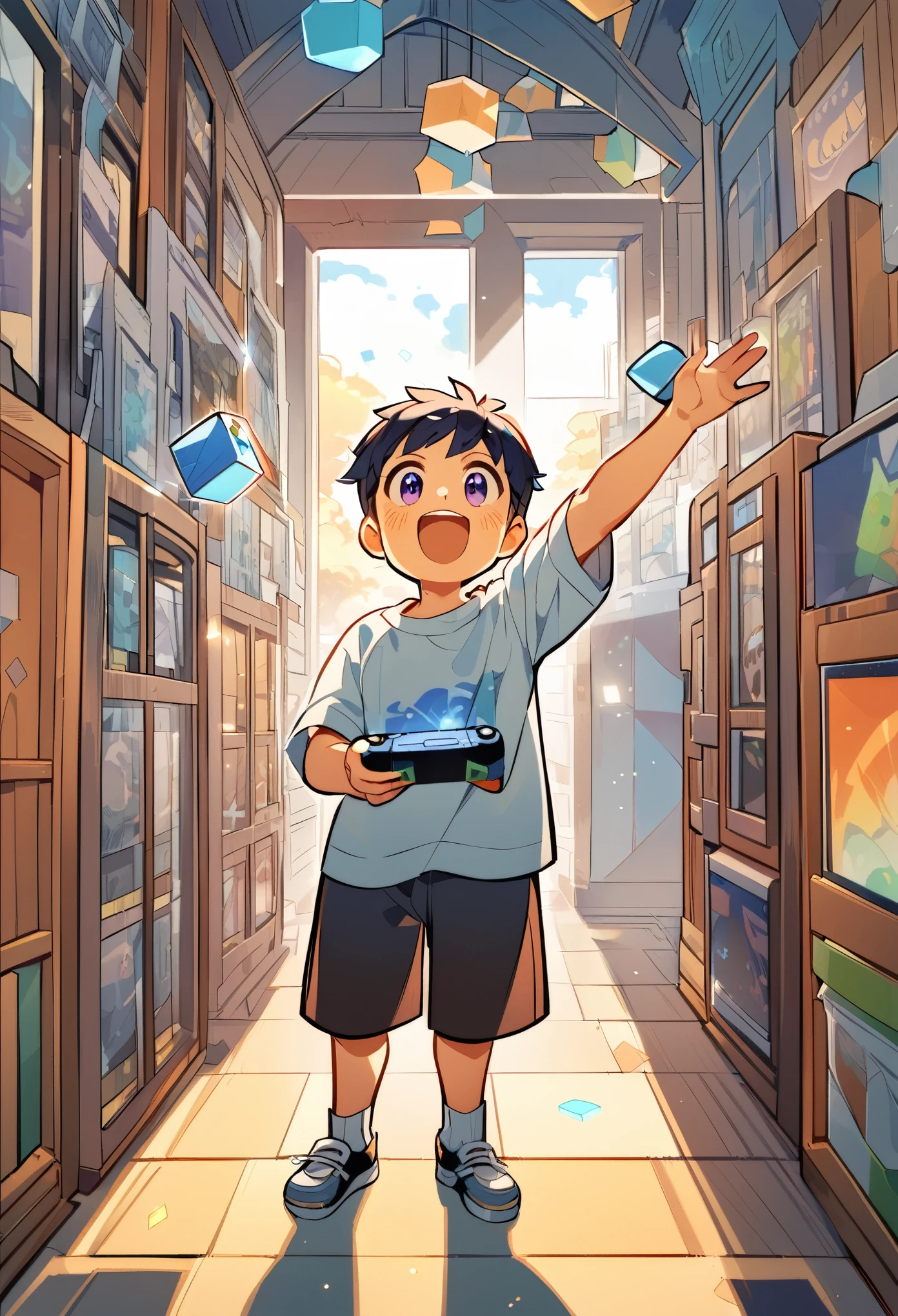 A boy in short-sleeved clothes,Stand on one foot,A hand holding up a cube game console,Received the long-awaited game console,Very happy,Looking up,IP cartoon style
