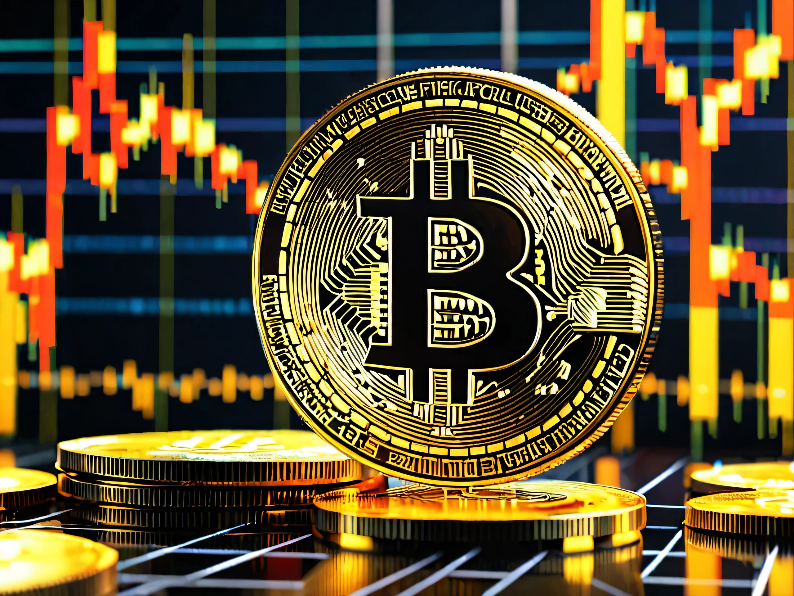 RAW, The Bitcoin exudes strength, with a background displaying a candlestick chart of Bitcoin. Despite fluctuating up and down, the chart shows a rising trend in price. The coin symbolizes the resilience and potential of digital currency, creating an appealing visual tied to market dynamics, best quality, masterpiece, 8k, 16k, unreal engine 5, ultra sharp focus, award winning photograph, trending on art station