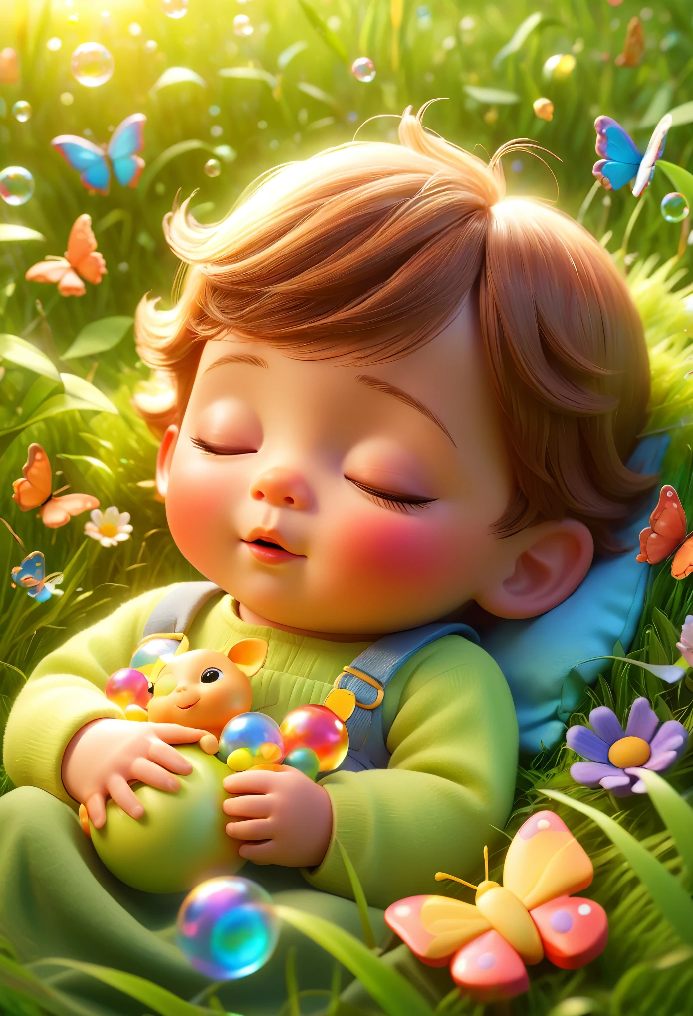 Baby sleeping peacefully on the grass, Holding a toy, 3D, cartoon, Pixar style, The sun casts a warm, cozy glow, A dreamy atmosphere full of fairy tale atmosphere, Bubbles float gently around, Butterflies fluttering nearby, flowers bloom，Bright colors, (best quality,4K),(movie light), (Surreal, Super detailed, lifelike), Capturing the innocence and tranquil beauty of childhood, Vivid colors depict storybook scenes, human development report, Professional studio lighting，Enhance the sense of magic, Focus on the baby&#39;s contented expression and the intricate details of the toy, Engrossing background with whimsically animated bubbles and butterflies adding a dreamy quality, Physically based rendering，Implementing lifelike texture representation, Materials and lush green grass