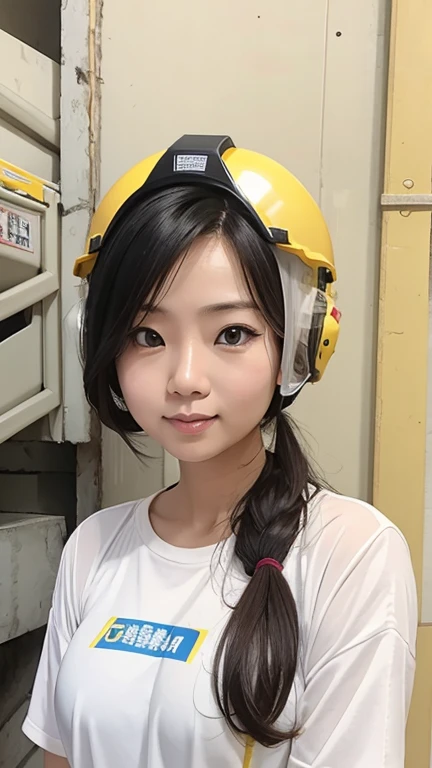 on construction site，Pregnant 30-year-old Taiwanese woman wearing yellow helmet，Half-length photo，pregnant belly