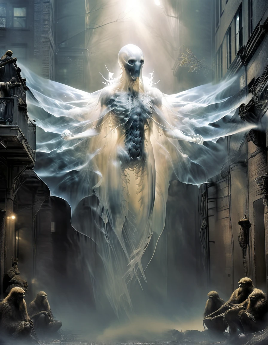 Personal settings: [ (Complete, Highest quality: 1.4, Very detailed CGUnity 8k wallpaper: 1.4, Super detailed illustrations: 1.6, Very detailed: 2.0, Super detailed: 1.6), Creature settings: (6 white feathers , Mythical Creatures, White, eyes are red, fetus-like creature), Background Settings: (Vast Library, Ruined City)