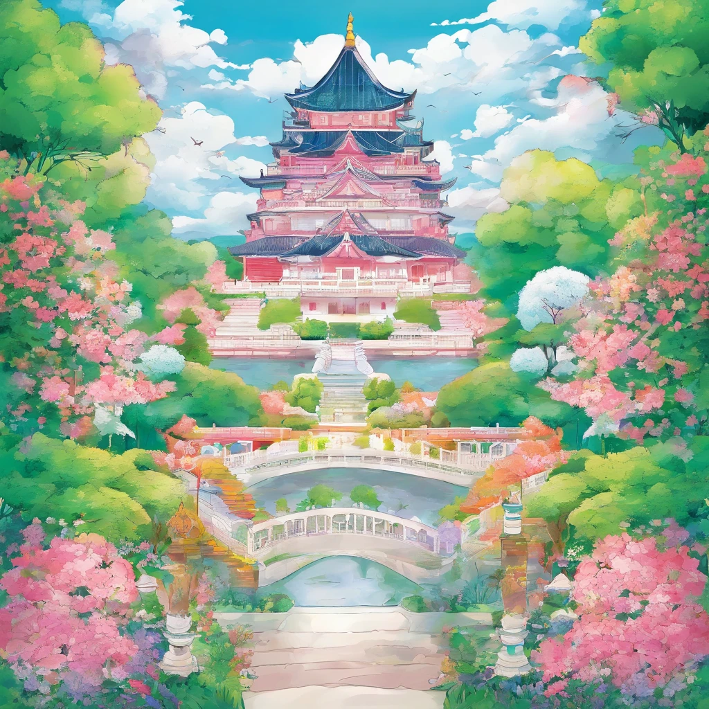 Castle garden、Flowers are blooming profusely、Kawaii Cat