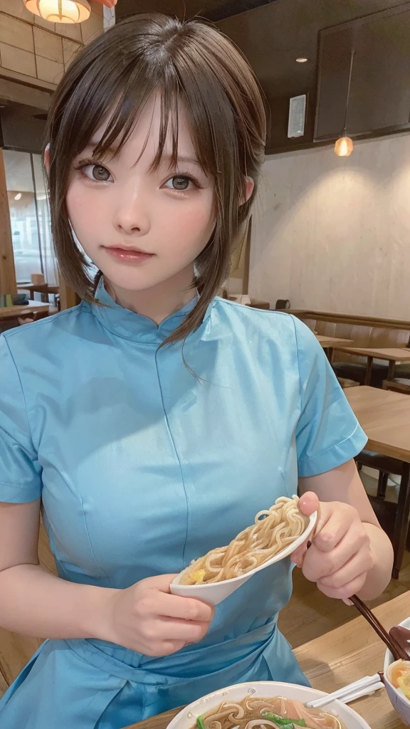(8k, RAW Photo, Best Quality, Masterpiece: 1.3), breakone girl, (a beauty girl, delicate girl:1.3), (21 years old:1.5), break, (Blue going out dress:1.3), break, Extremely fine grain definition, (Symmetrical eyes:1.3), break, Small breasts, Brown eyes, Parted bangs, brown hair, girl, break, (Eye and facial details:1.3),break,smile, (Eating ramen at a restaurant:1.3),