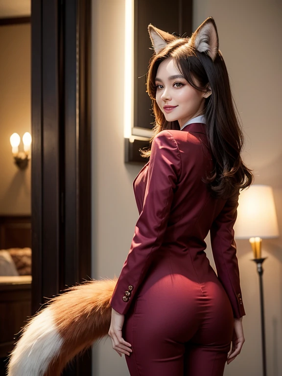 ((highest quality, 32k)), ((masterpiece)), (Familiar), Perfect Face, Fox Girl, Beautiful woman, public, Has a tail, She has a fluffy tail, She has a red fox's tail., She wags her tail, smile, bell collar, She is wearing a pantsuit, Beautiful Hips, Big Butt, Big tail, A tail sticking out from a pantsuit, she turns around