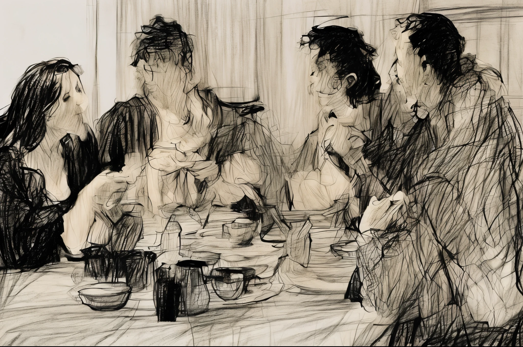 pencil drawing, obviously pencil texture, black and white, cinematic lighting, black background, Inspired by John Casper Fusili, Inspired by George Grosz, 兩個人dinner場景, Impressionism, author：Tadeusz Kanter, dinner, two people sitting at a table, on the table, romantic mood and tone