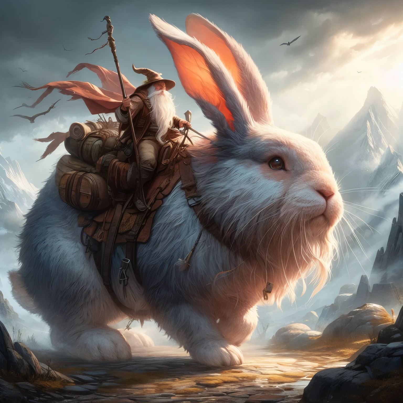 Old adventurer riding a gigantic rabbit as a steed, fantasy, digital art