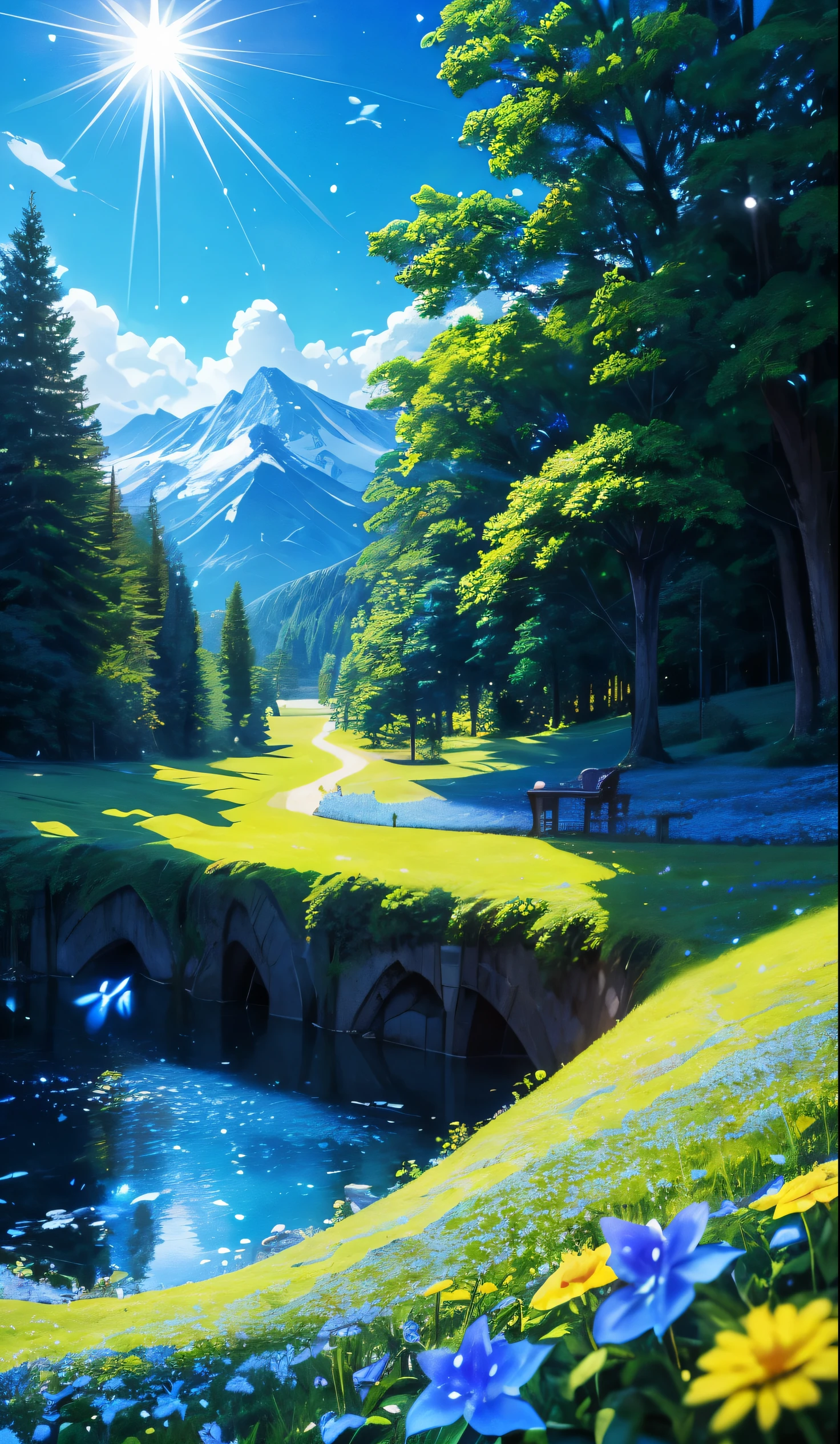 anime inspired greenery alps with bright blue sky and bright sun (glowing fireflies and butterfiles )(greenery view)(bright blue shinning sky)(night view)(borkeh effect)(far view)