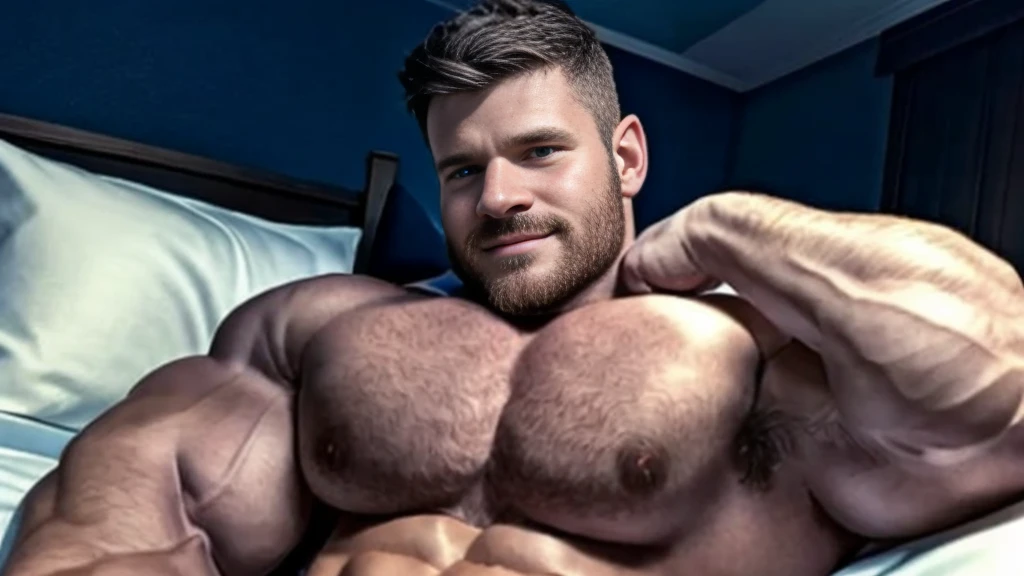 (GS-Masculine:1), 1boy, looking at viewer, detailed realistic open eyes, smirk, glowing skin, shirtless, muscle god, large and defined muscles, bowtie, candlelight, vivid colour, bedroom, dimly lit, radiant blue eyes, resting in bed, flexing and showing off arms