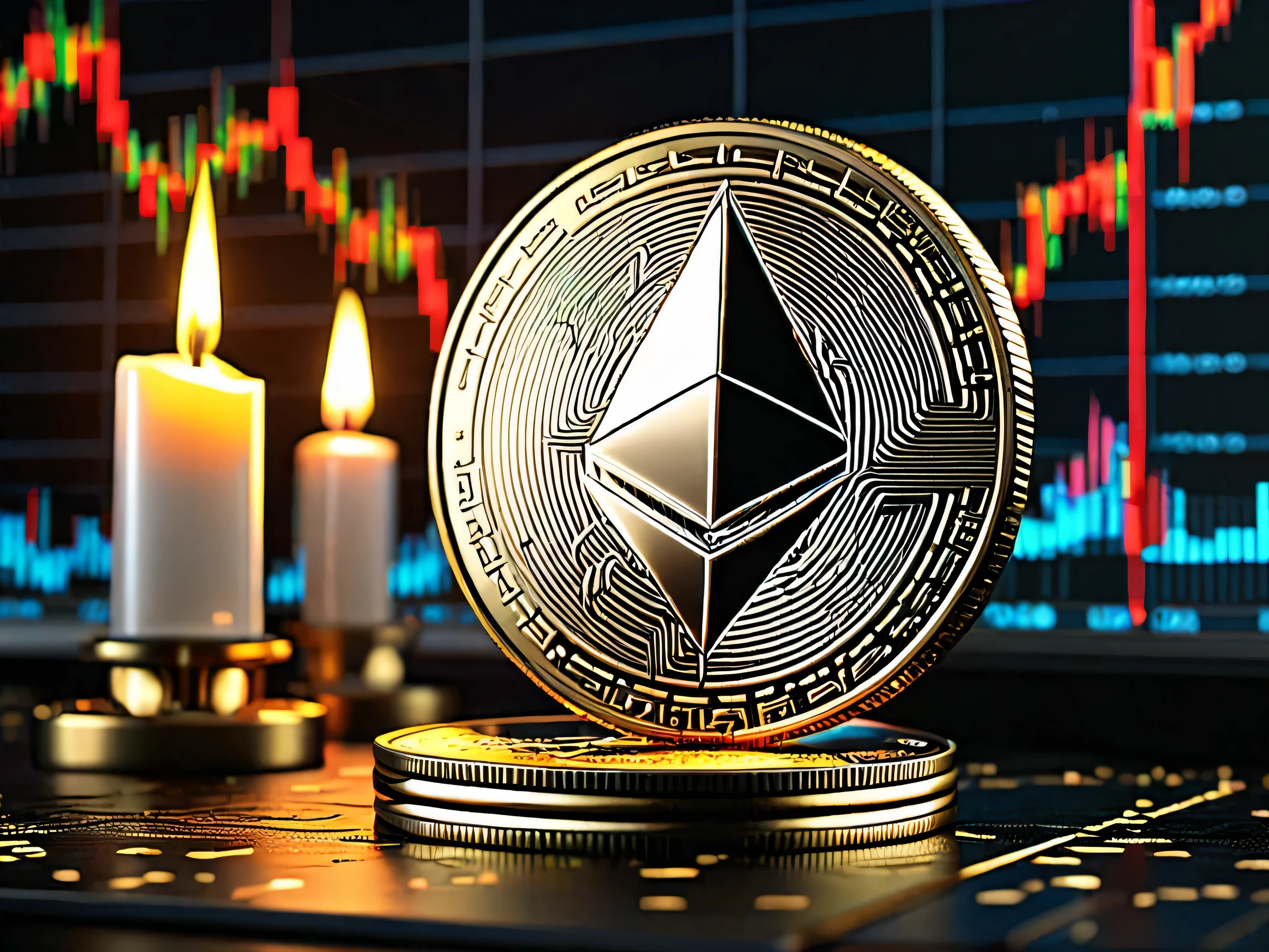 RAW, The Ethereum exudes strength, with a background displaying a candlestick chart of Ethereum. Despite fluctuating up and down, the chart shows a rising trend in price. The coin symbolizes the resilience and potential of digital currency, creating an appealing visual tied to market dynamics, best quality, masterpiece, 8k, 16k, unreal engine 5, ultra sharp focus, award winning photograph, trending on art station